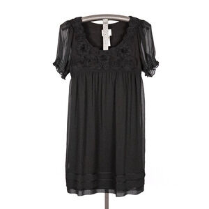 Black Vintage ICE Empire Waist Dress Size 8 Floral Rosette Bodice Sheer Sleeves